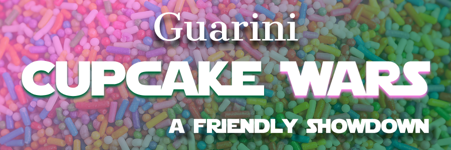 candy sprinkles with overlaid text "Guarini cupcake wars a friendly showdown"